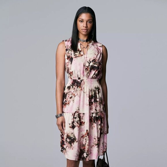 Simply Vera Wang Womens Pink Floral Smocked V Neck Midi Sundress Sz S New - Picture 9 of 9